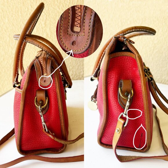 Dooney & Bourke Bag AWL Red & Tan Leather Shoulder Satchel Vintage DAMAGED - Picture 4 of 11
